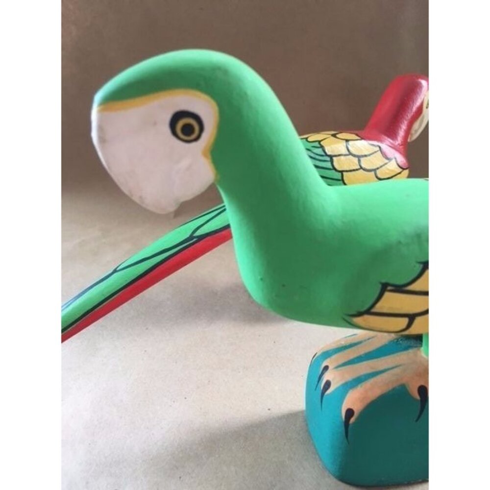 Parrots Pair Wooden FOLK ART Carved Marked JUAN PUELLO R.D. Set Of 2 - Picture 3 of 12